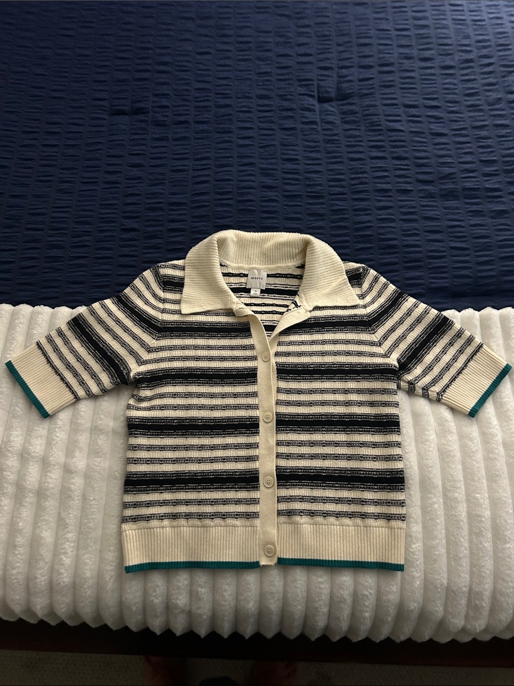 Maeve Cream, Black & Cream with green edge Striped Knit Button Cardigan